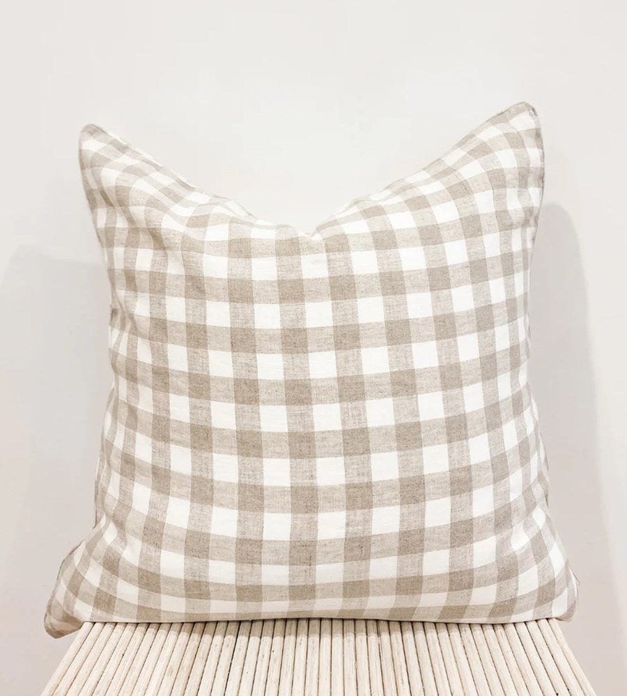 Home Lab | 100% French Flax Linen Feather filled Cushion | Natural Gingham