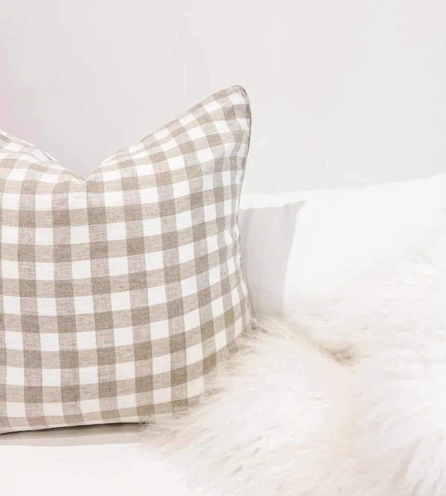 Home Lab | 100% French Flax Linen Feather filled Cushion | Natural Gingham