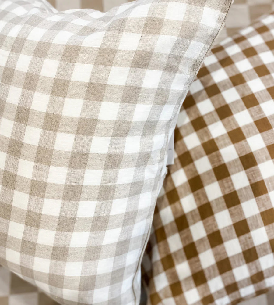 Home Lab | 100% French Flax Linen Feather filled Cushion | Natural Gingham