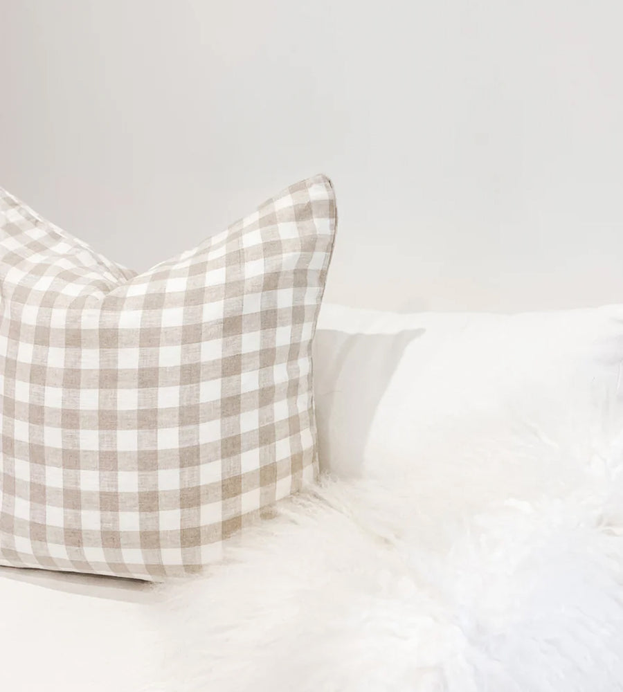 Home Lab | 100% French Flax Linen Feather filled Cushion | Natural Gingham