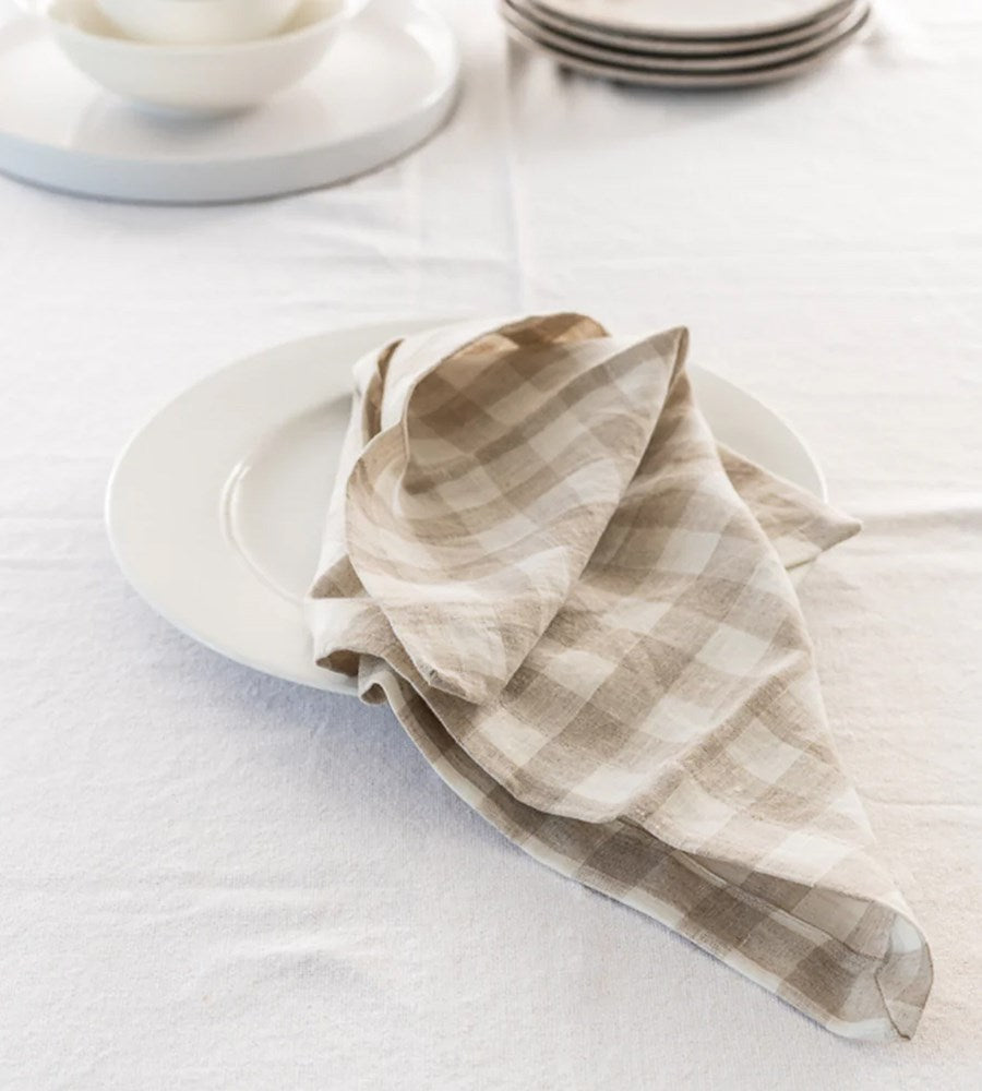 Home Lab | 100% French Flax Linen Napkin | Set 4 | Natural Gingham