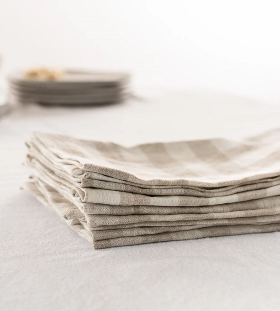 Home Lab | 100% French Flax Linen Napkin | Set 4 | Natural Gingham