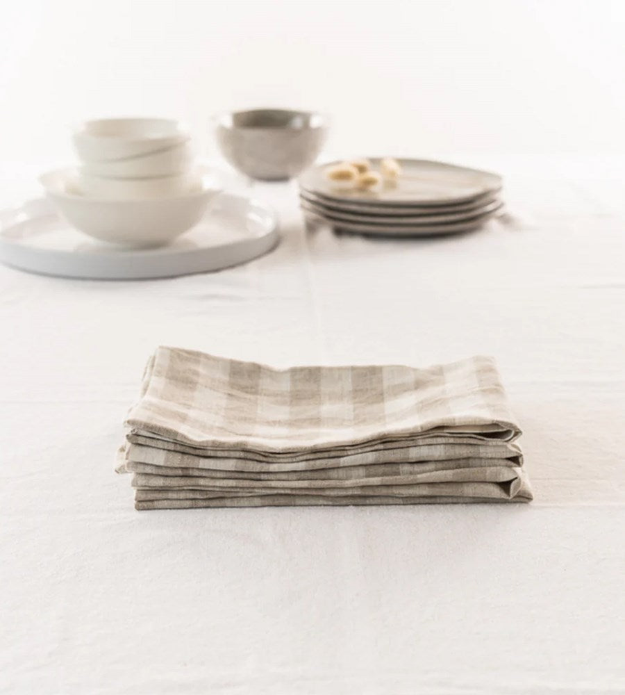 Home Lab | 100% French Flax Linen Napkin | Set 4 | Natural Gingham