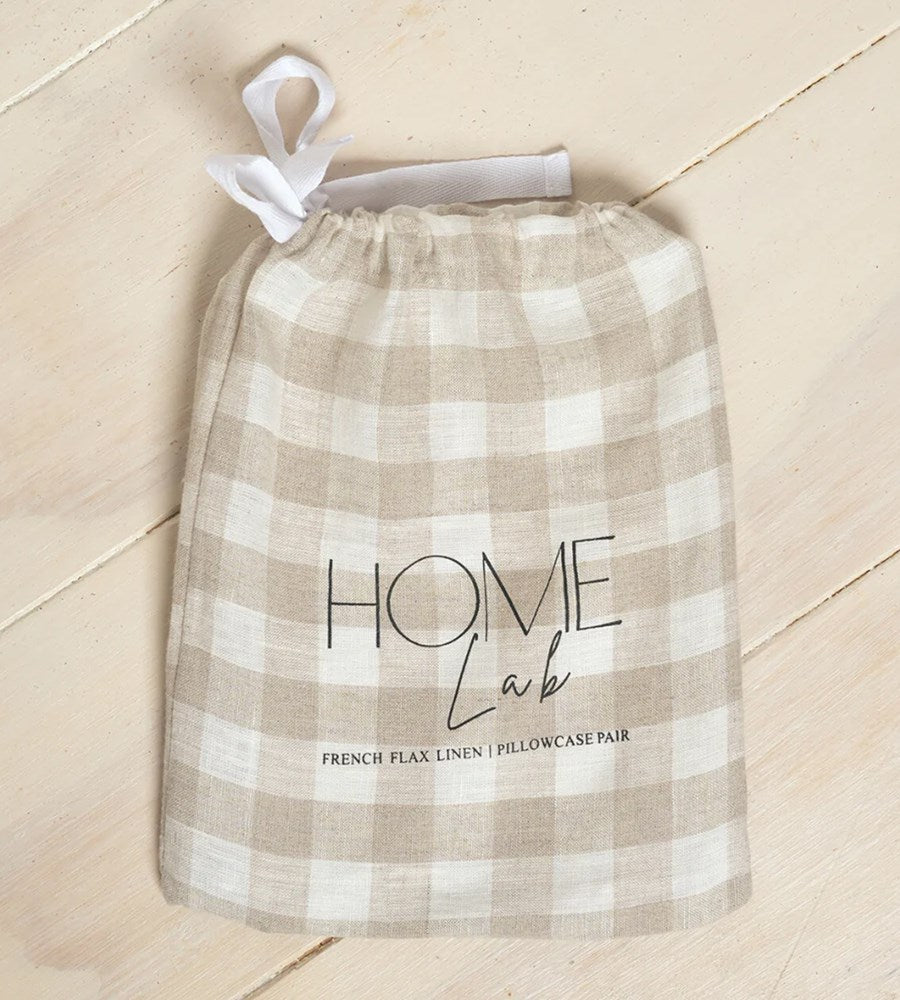 Home Lab | 100% French Flax Linen Pillowcase Pair |  Natural Gingham