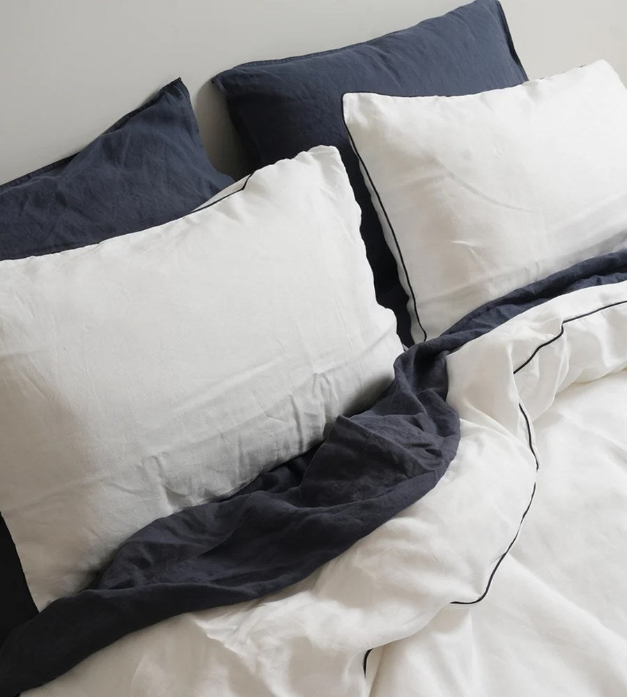 100% French Flax Linen Piped Duvet Set I White/Navy