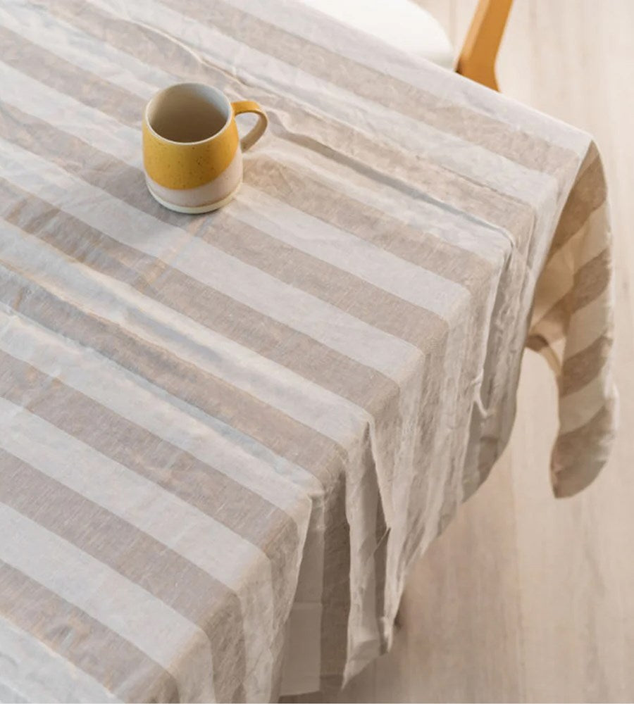 Home Lab | 100% French Flax Linen Tablecloth | Wide Natural Stripe