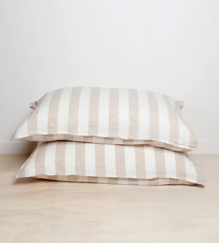 Home Lab | 100% French Linen Pillowcase Pair | Wide Natural Stripe