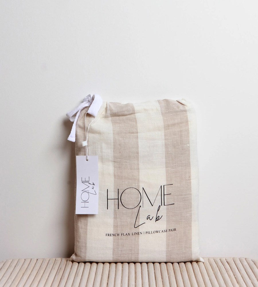 Home Lab | 100% French Linen Pillowcase Pair | Wide Natural Stripe