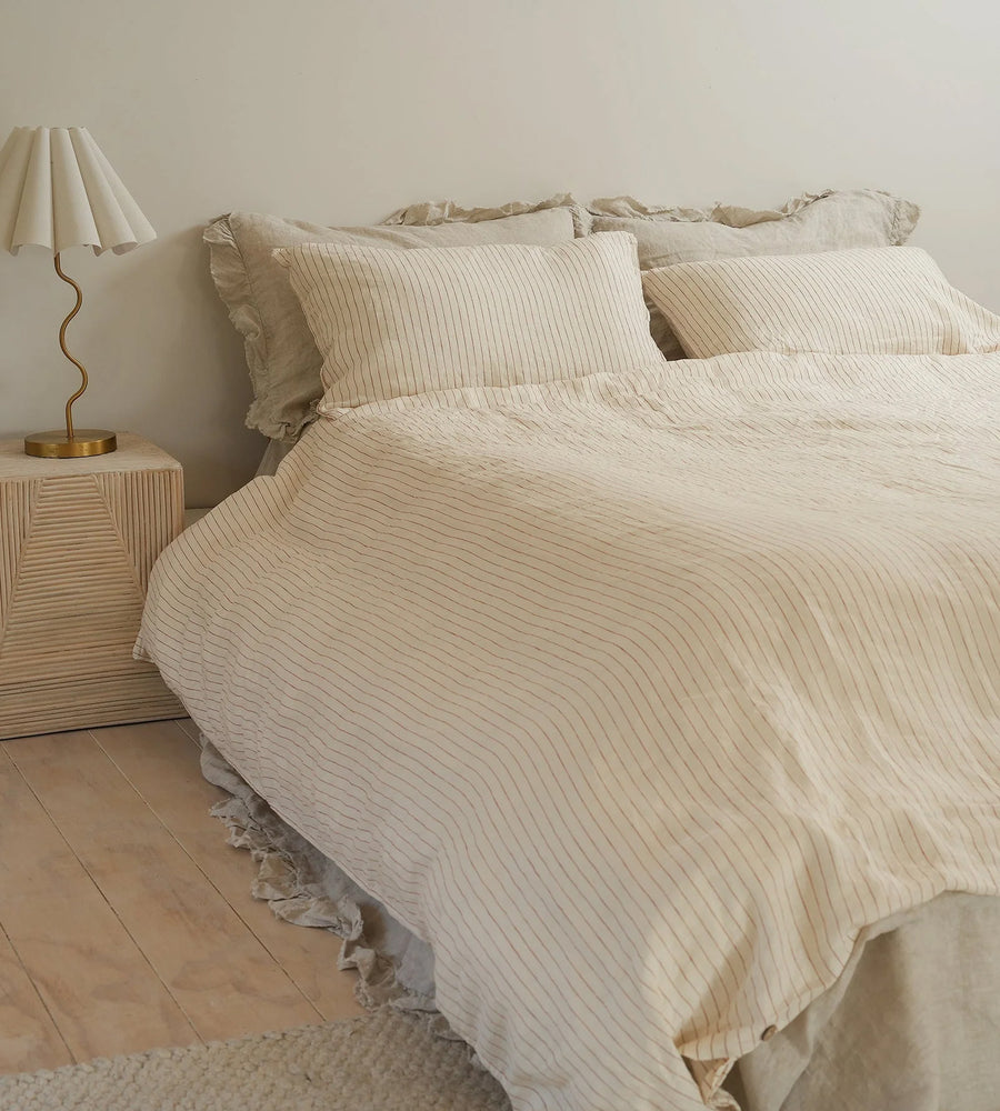 100% French Flax Linen Duvet Cover Set | Ginger Pinstripe