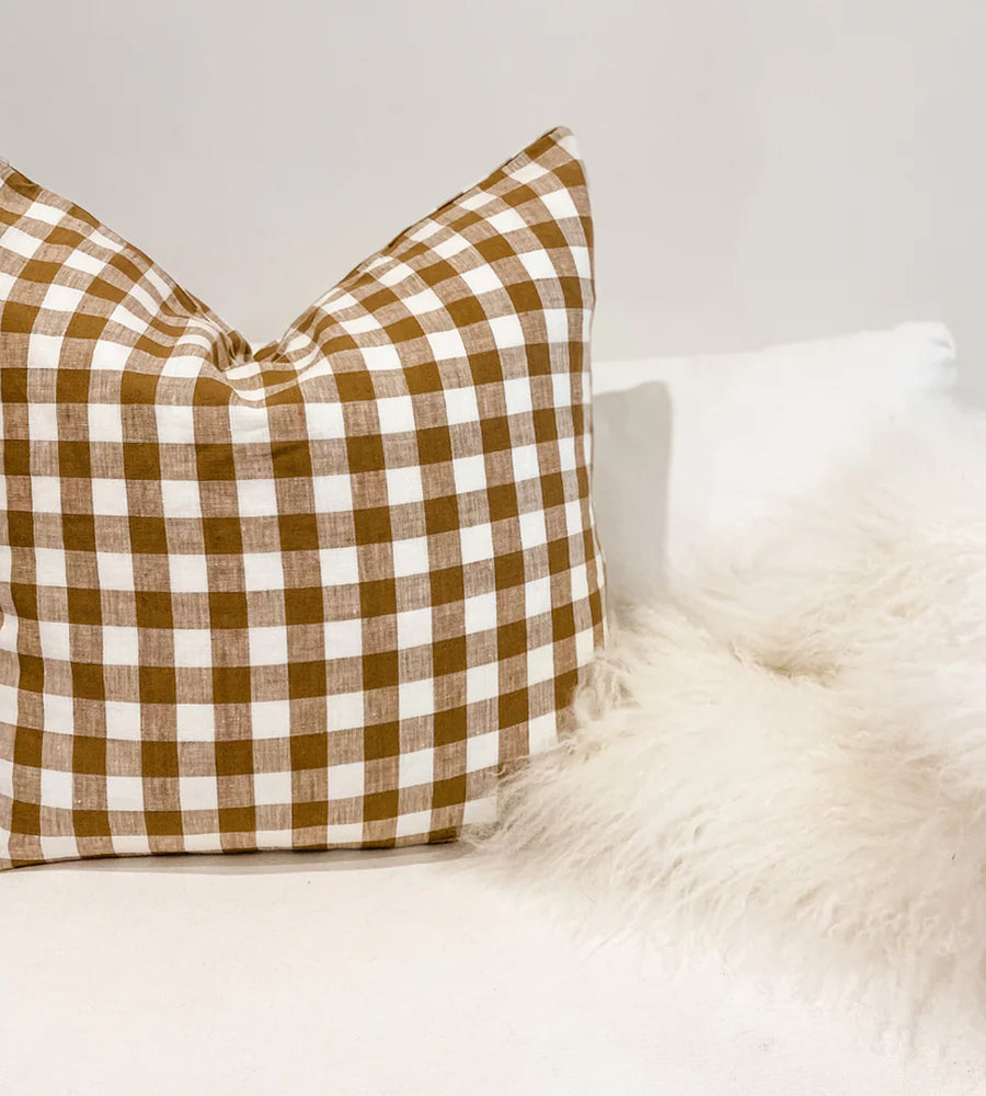 Home Lab | 100% French Flax Linen Feather filled Cushion | Ginger Gingham