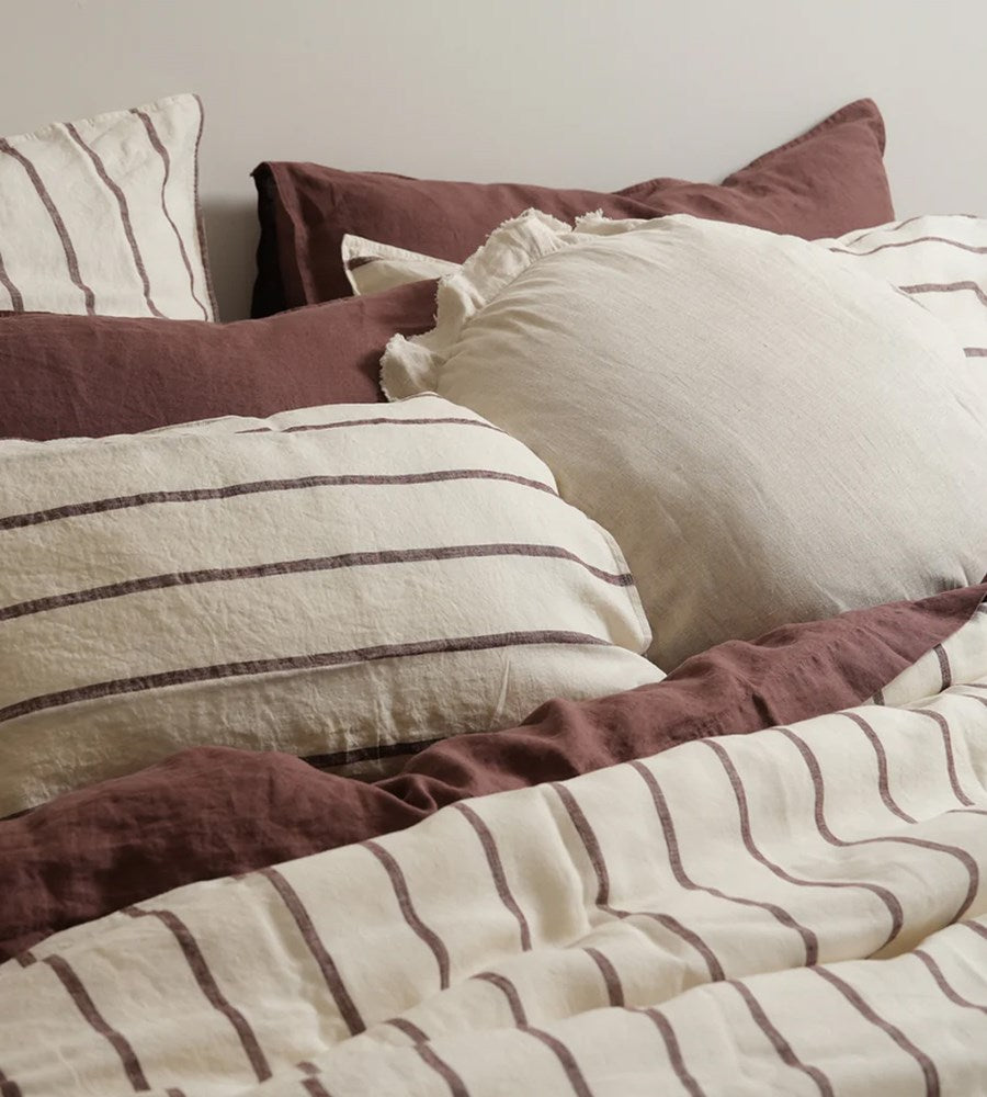 100% French Flax Linen Duvet Cover Set I Cocoa Stripe