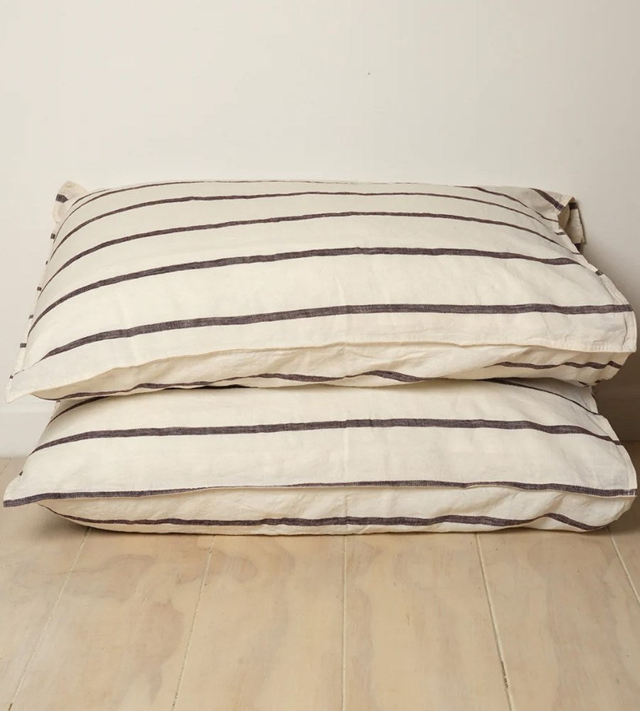 Home Lab I 100% French Flax Linen Pillowcase Pair I Cocoa Stripe