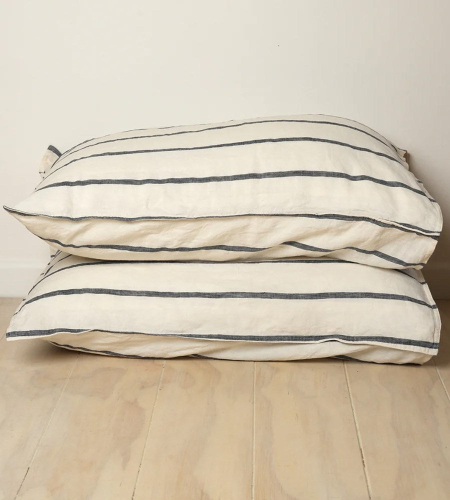 Home Lab I 100% French Flax Linen Pillowcase Pair I Midnight Stripe