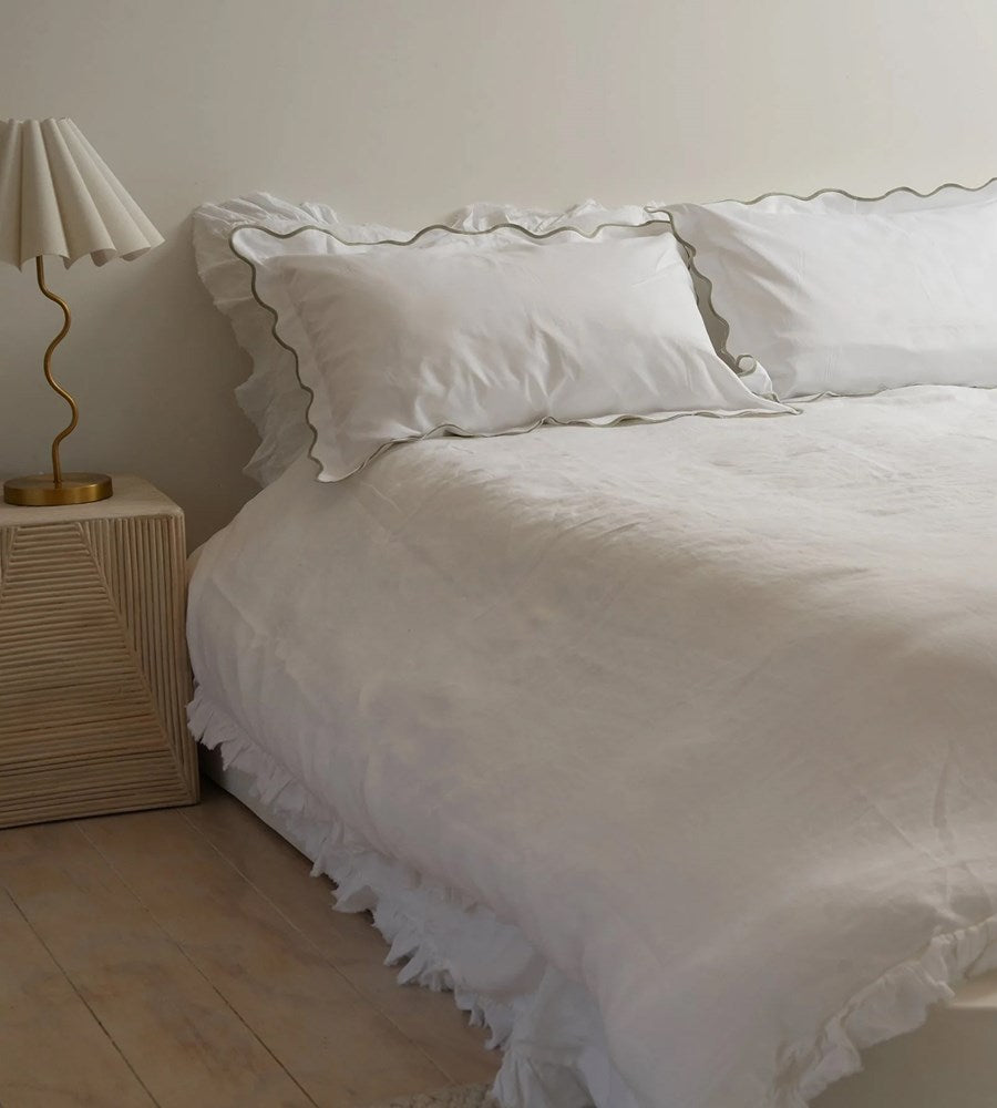 100% French Flax Linen Ruffle Edge Duvet Set | White
