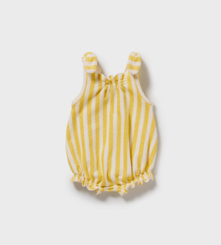 Yellow and white striped baby romper on a light gray background