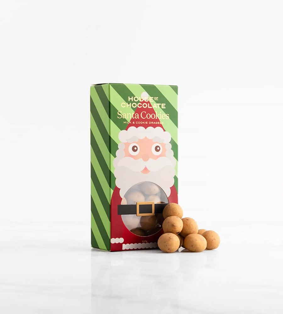 Box of Santa-themed cookies with a cartoon Santa Claus design on a white background
