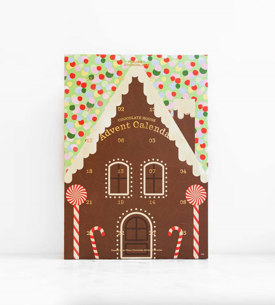 Advent calendar with gingerbread house design on a white background