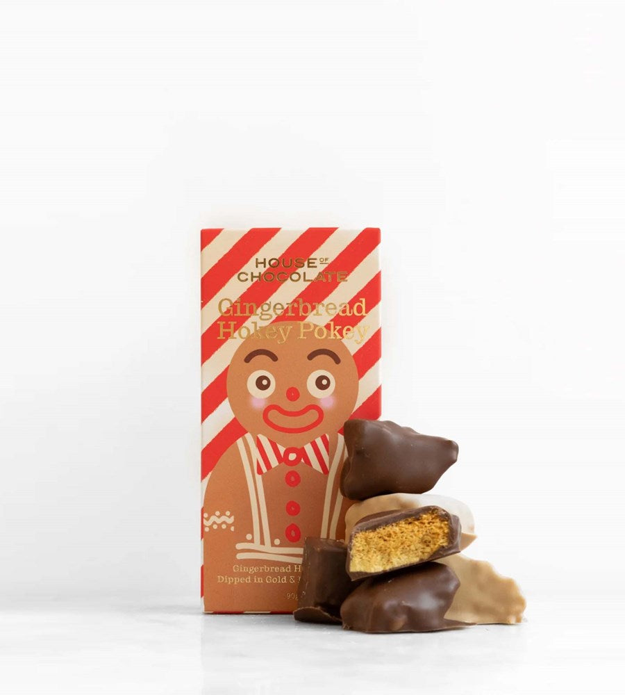 Box of House of Chocolat Gingerbread Honey Fudge with a gingerbread man design on a white background