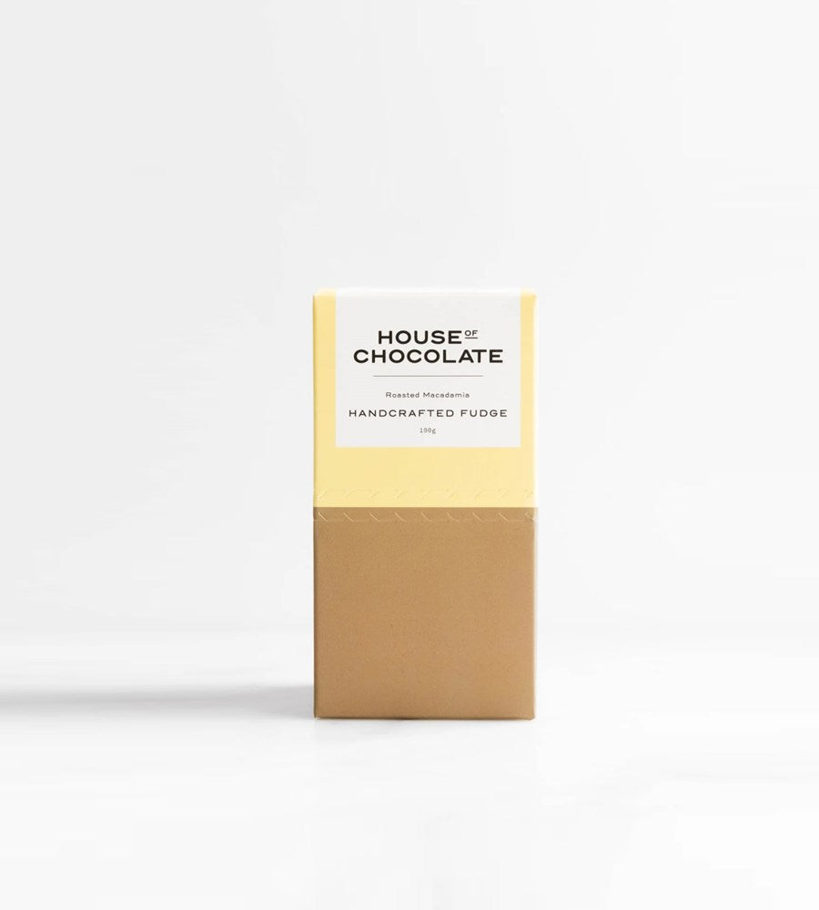 Box of House of Chocolate handcrafted fudge on a white background