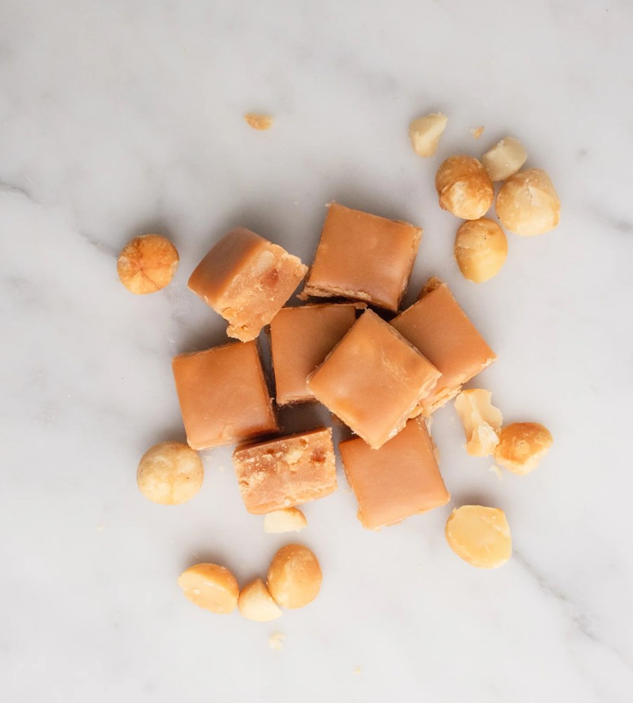 Caramel squares with nuts on a light gray background
