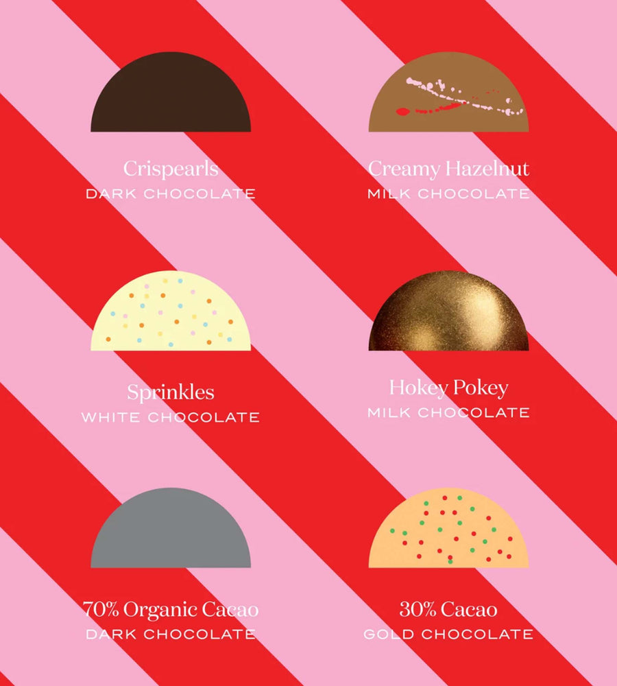 Chocolate flavors with corresponding colors and names on a red and pink striped background