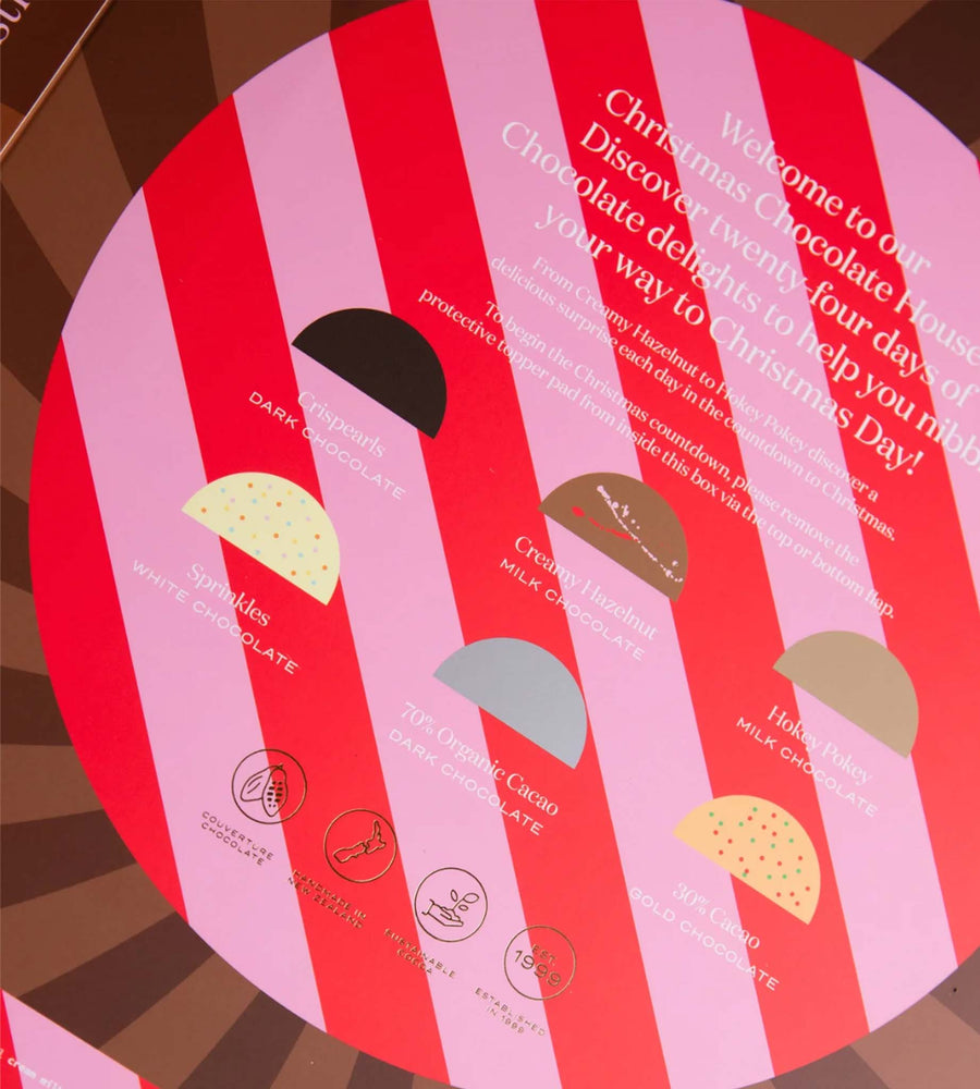 Chocolate packaging with red and pink stripes and chocolate flavor names.