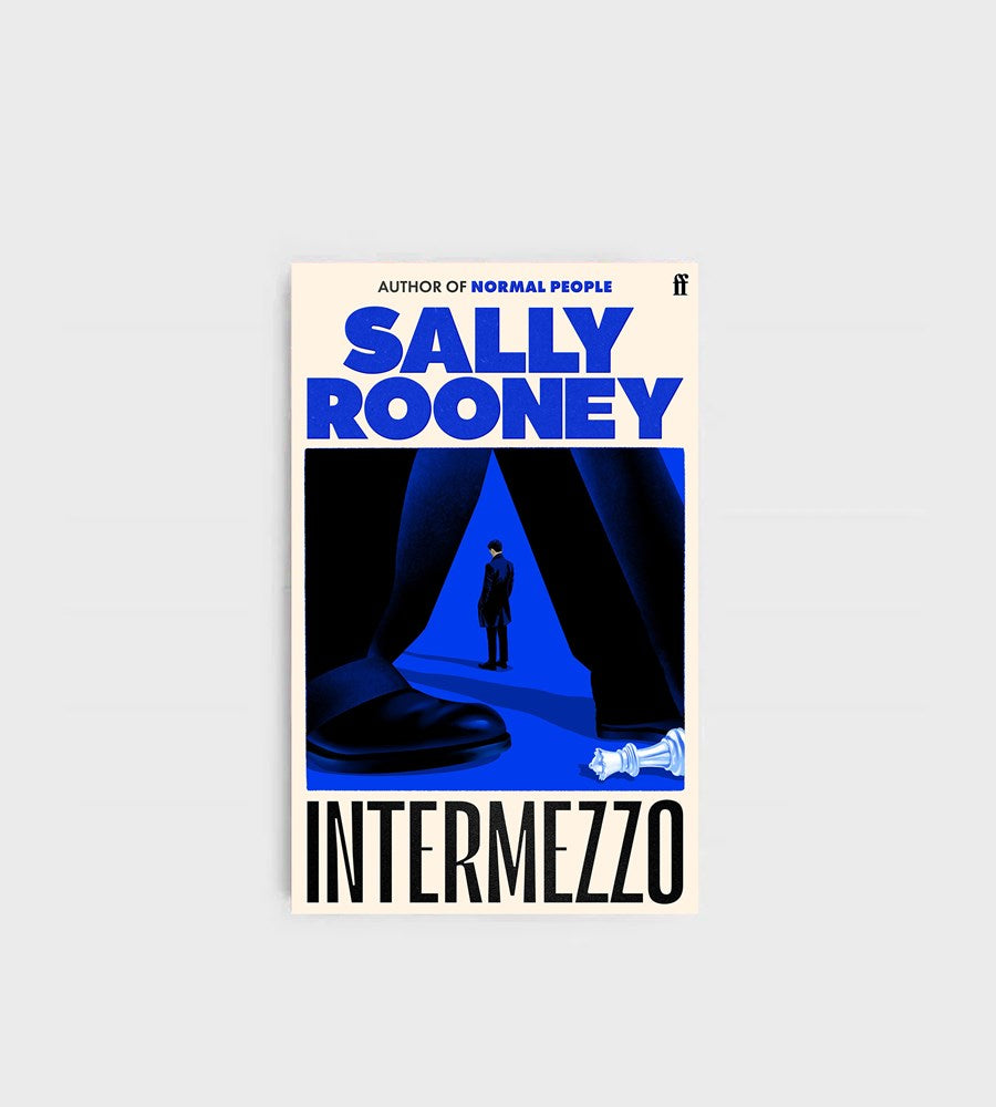 Book cover of 'Intermezzo' by Sally Rooney with a blue curtain and figure design.