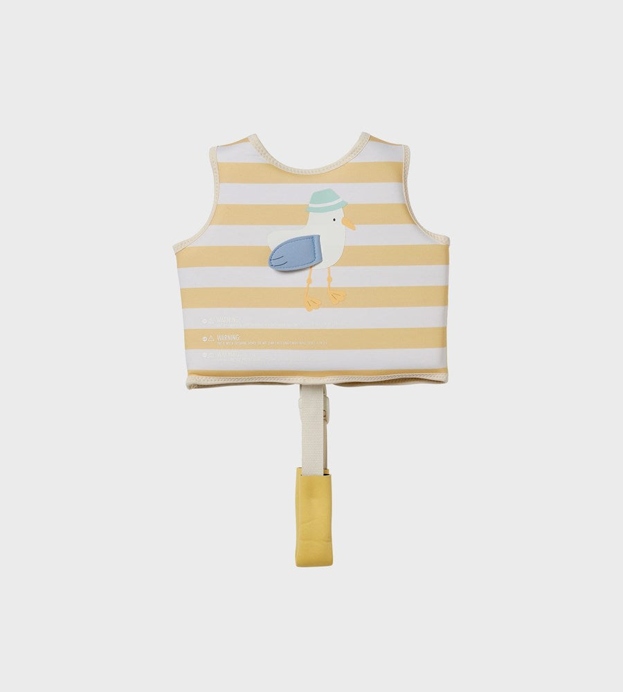 Yellow and white striped baby life jacket with a cartoon penguin design on a white background