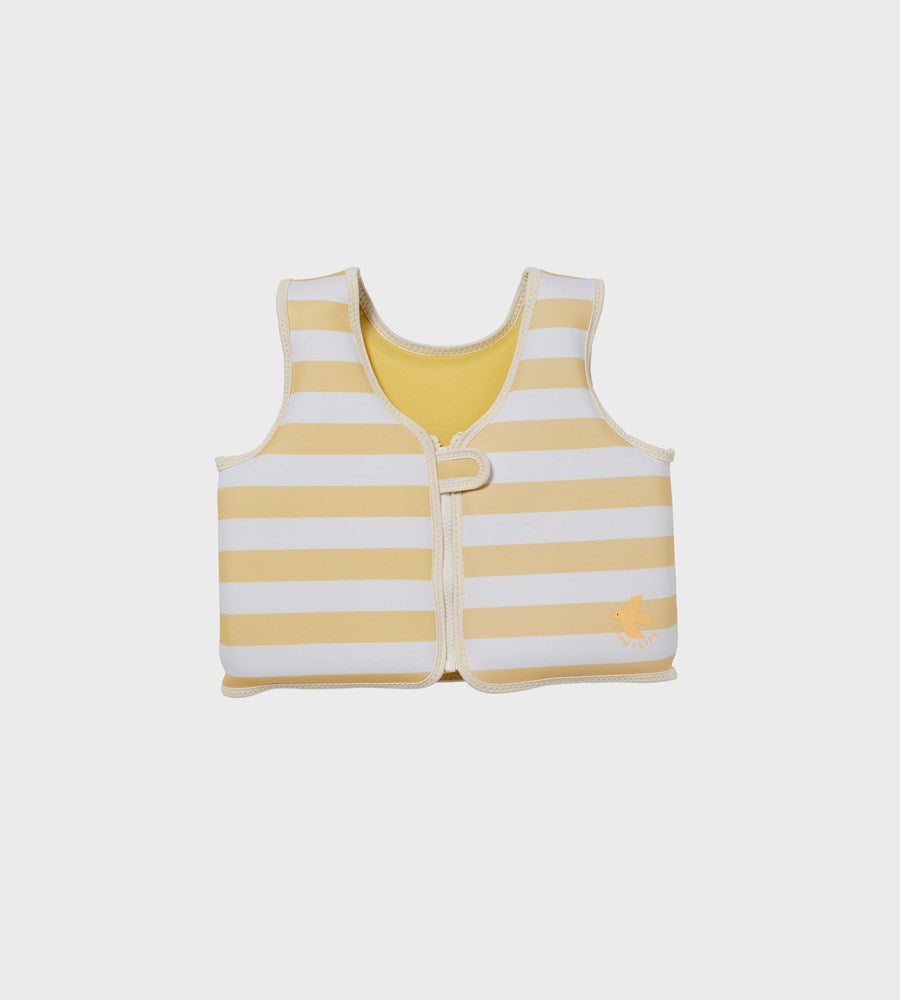 Yellow and white striped baby vest on a light gray background