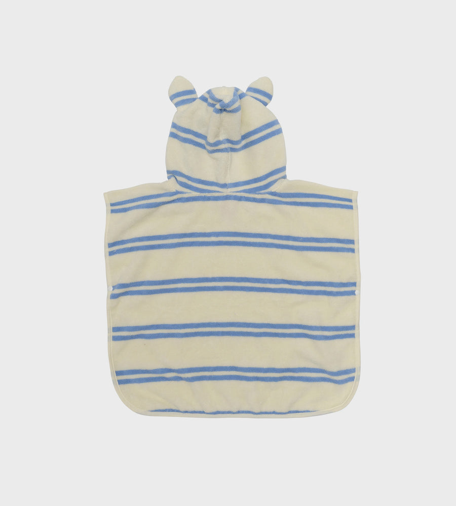 Striped baby poncho with hood on a light gray background