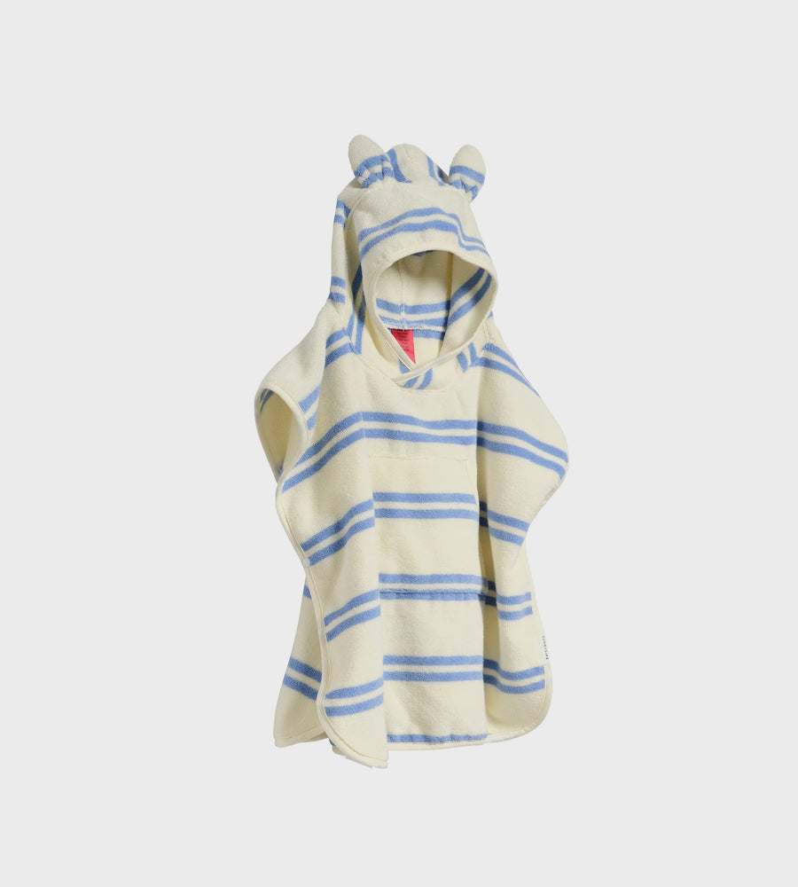 Children's hooded towel with blue stripes on a light gray background