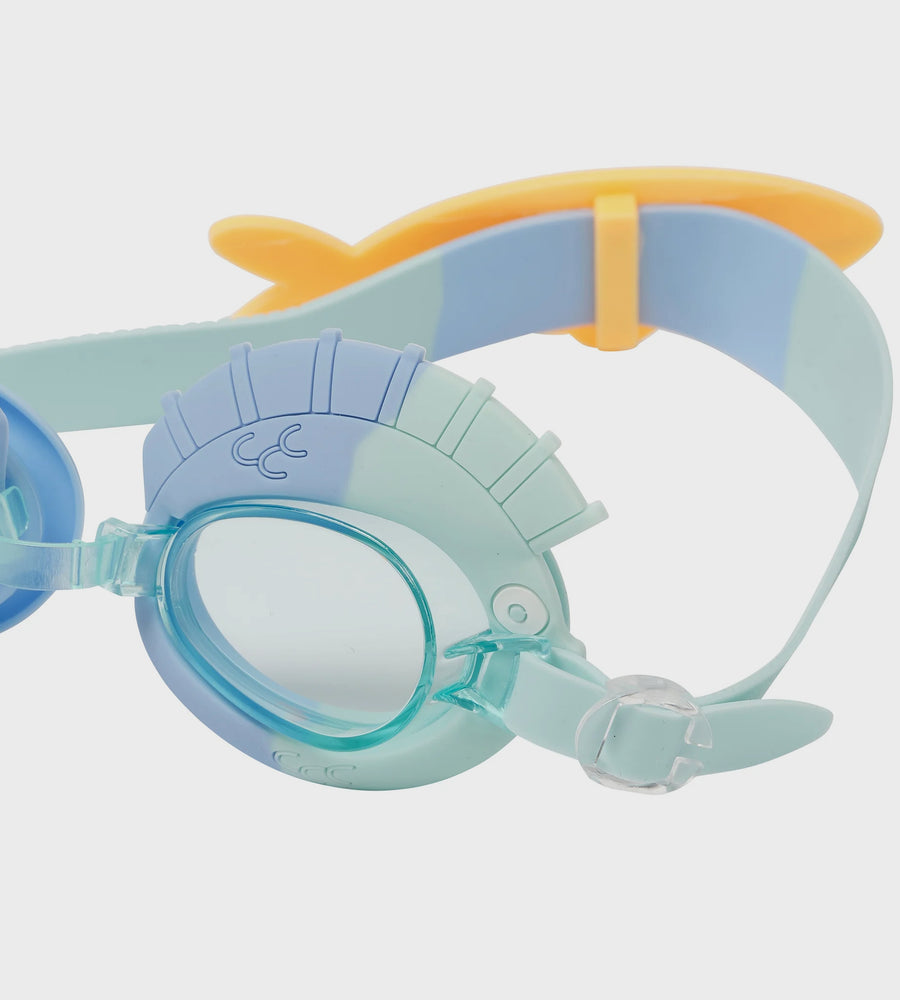 Children's swim goggles with pastel blue and yellow straps on a white background