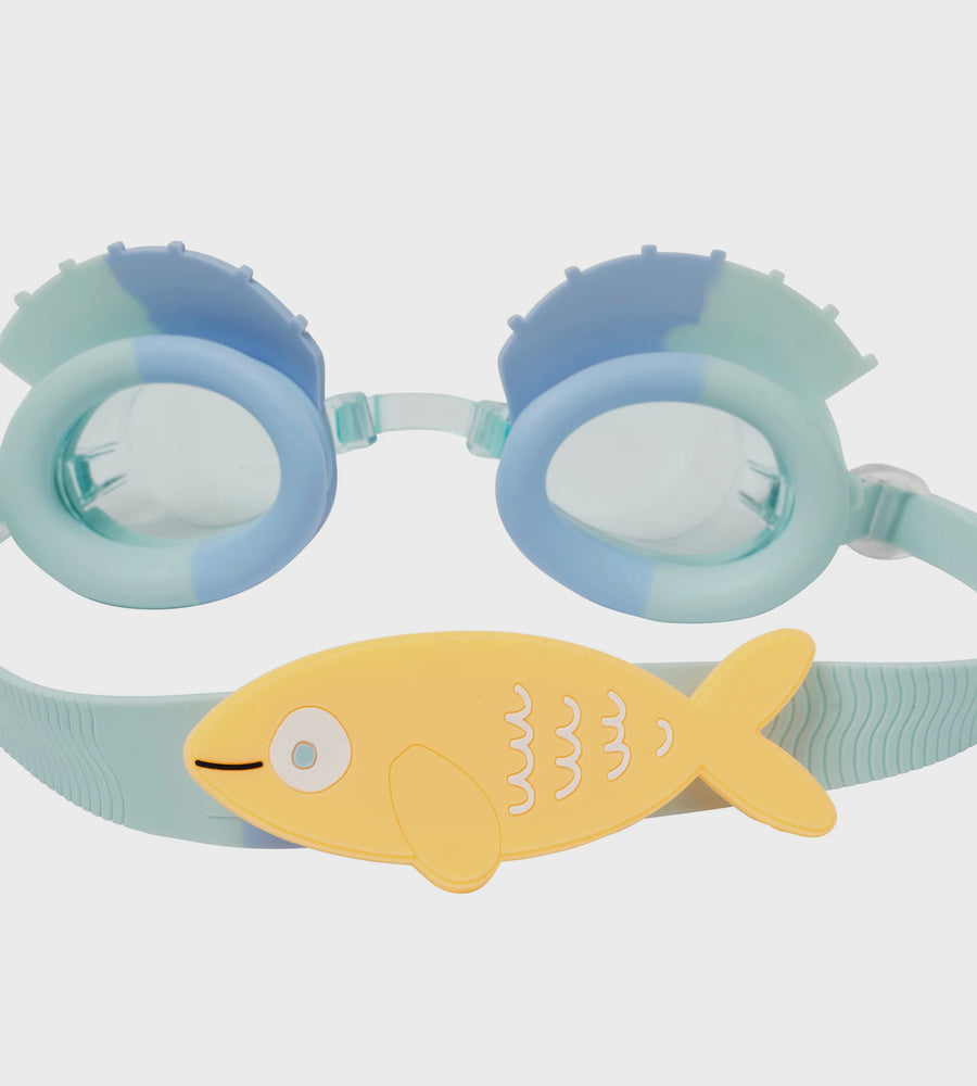 Children's swim goggles with a fish design on a white background