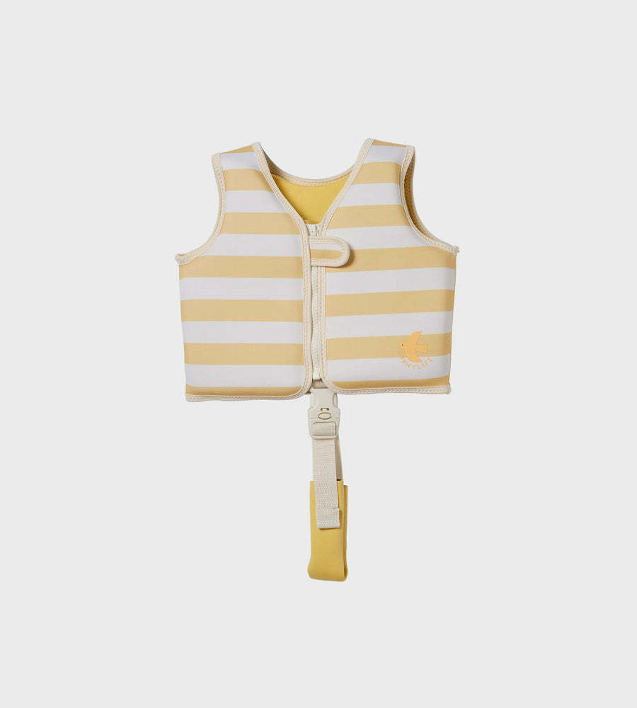 Yellow and white striped life jacket on a light gray background