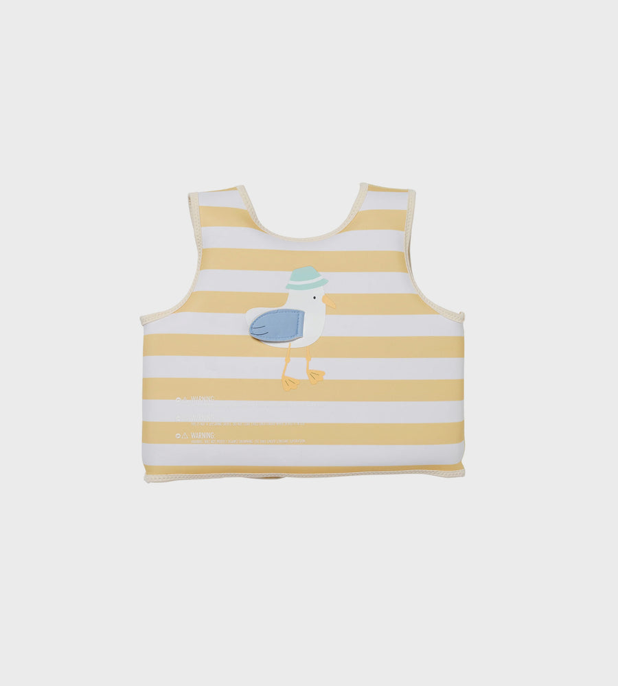 Yellow and white striped tank top with a cartoon design on a white background