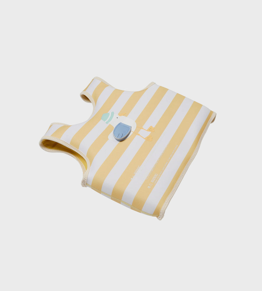 Yellow and white striped baby vest with a blue heart design on a light gray background