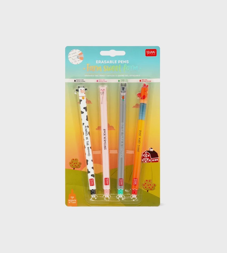 Set of four animal-themed erasable pens in packaging on a light gray background