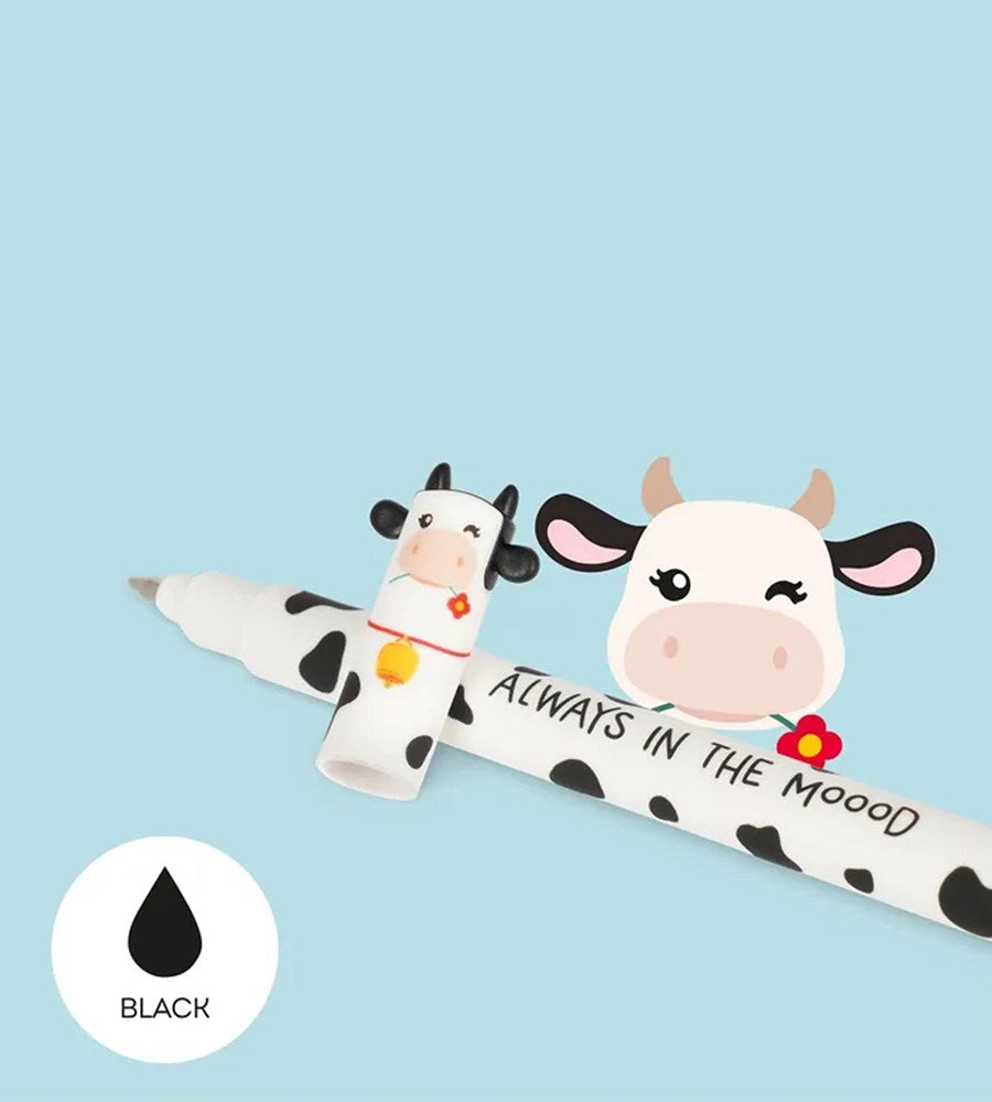 Pen with cow design and text 'Always in the mooood' on a light blue background