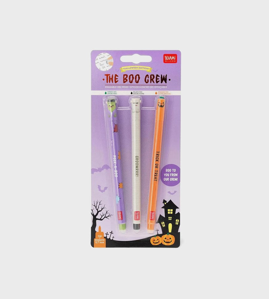 Halloween-themed pen set with packaging labeled 'The Boo Crew' on a white background.