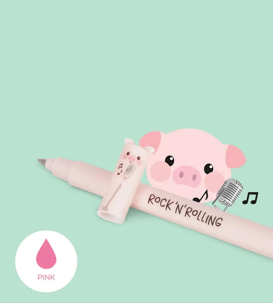 Pink pen with pig design and 'Rock'n'Rolling' text on a light green background