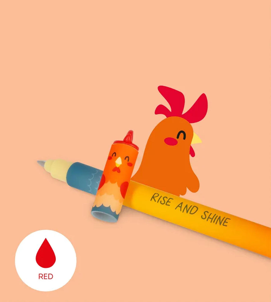Two cartoon chickens on a pencil with 'Rise and Shine' text, on a peach background.