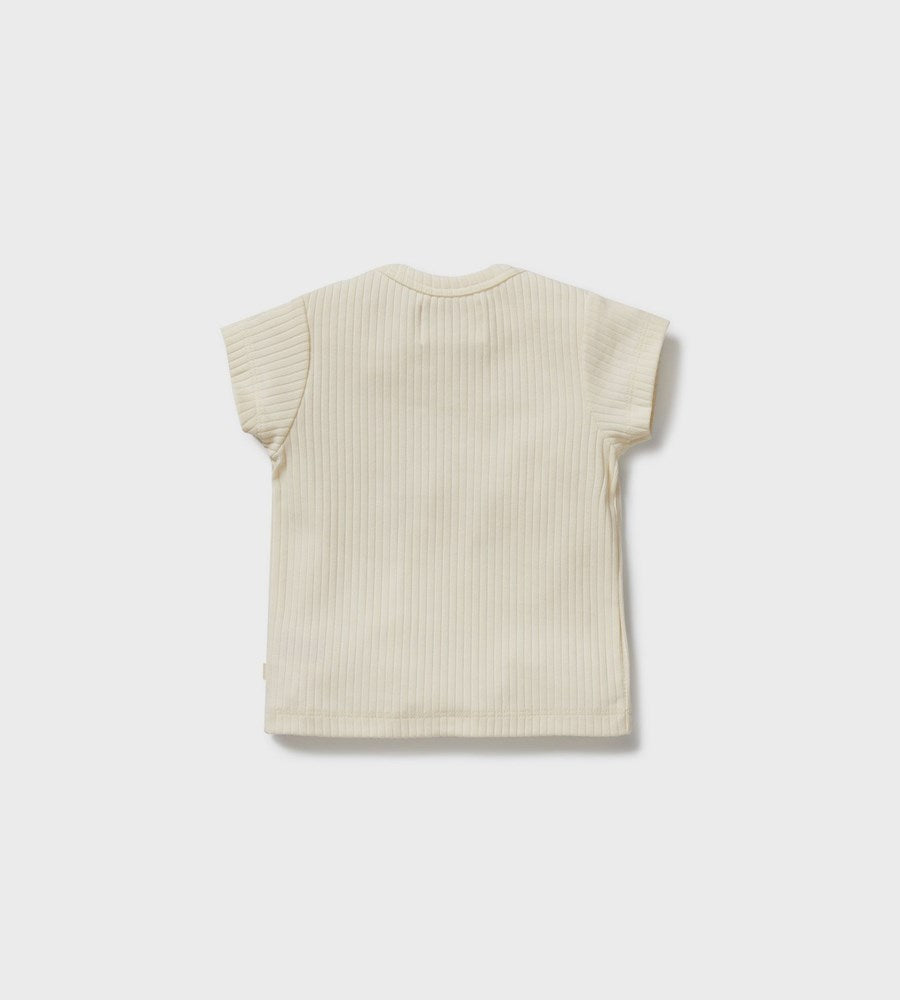 Beige ribbed t-shirt on a white background