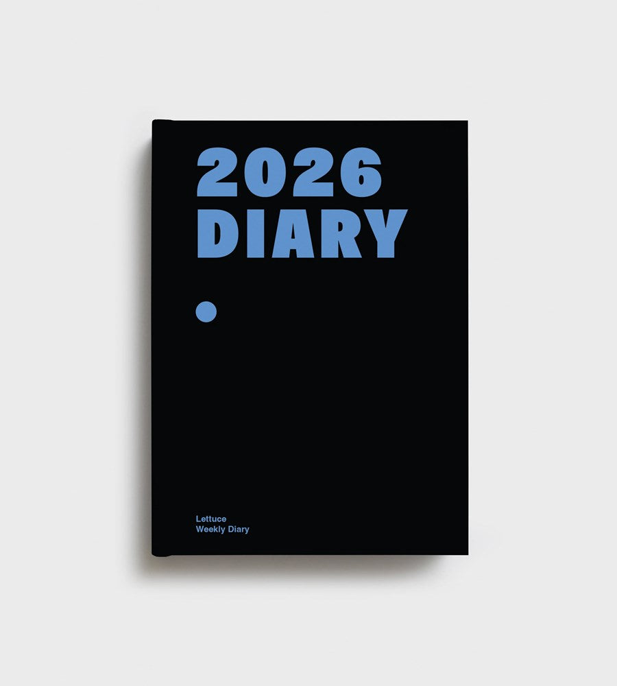 Black diary with '2026 Diary' text in blue on a light gray background