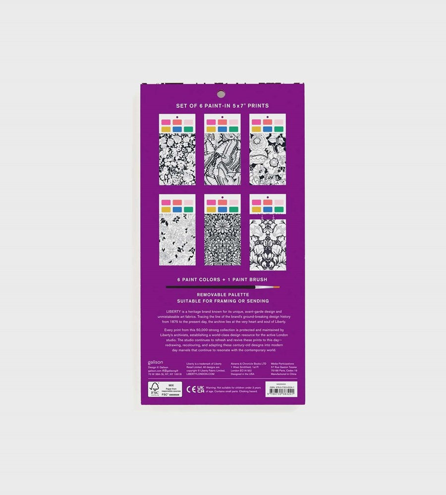 Purple packaging of a set of 6 paint prints with sample designs on a white background