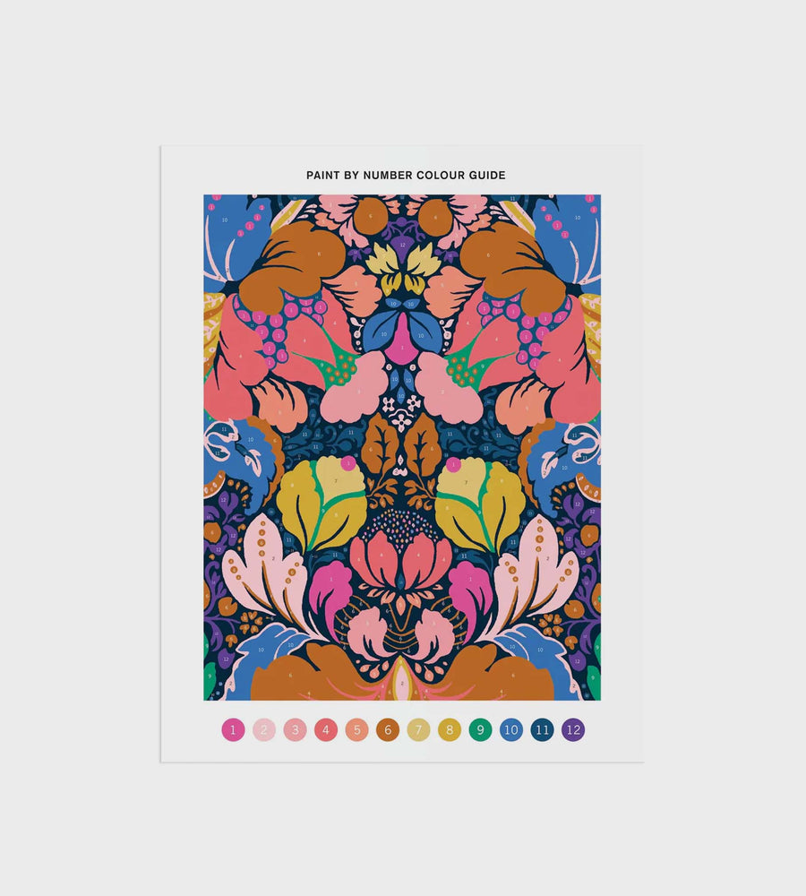 Color guide for a paint by number kit with colorful floral design