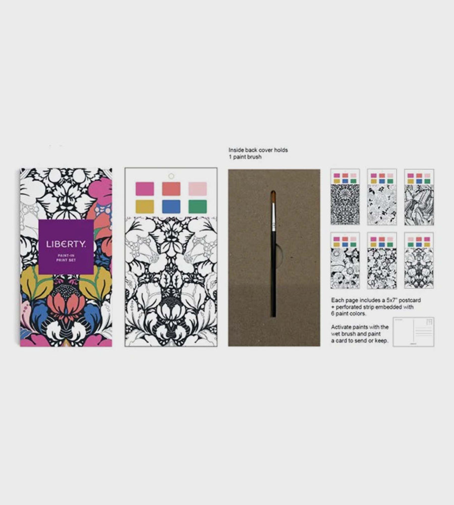 Colorful patterned cards with Liberty branding, paint brush, and color swatches on a white background.