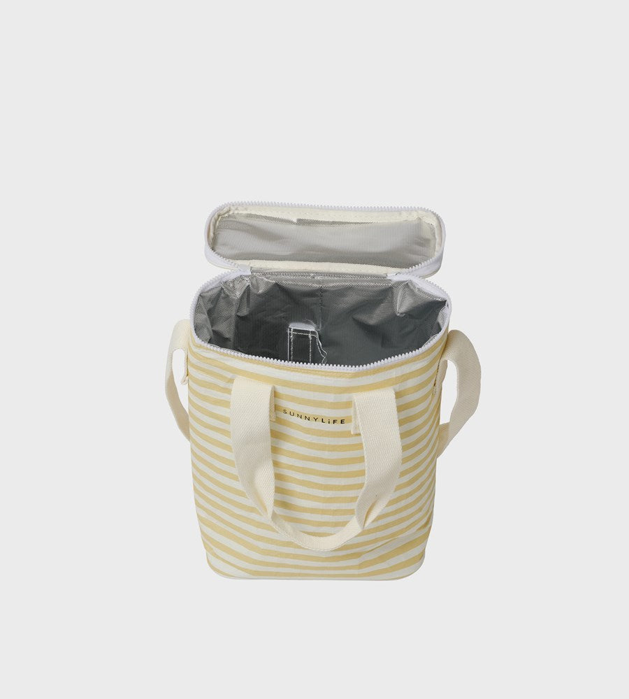 Yellow and white striped cooler bag with a clear lid on a light gray background