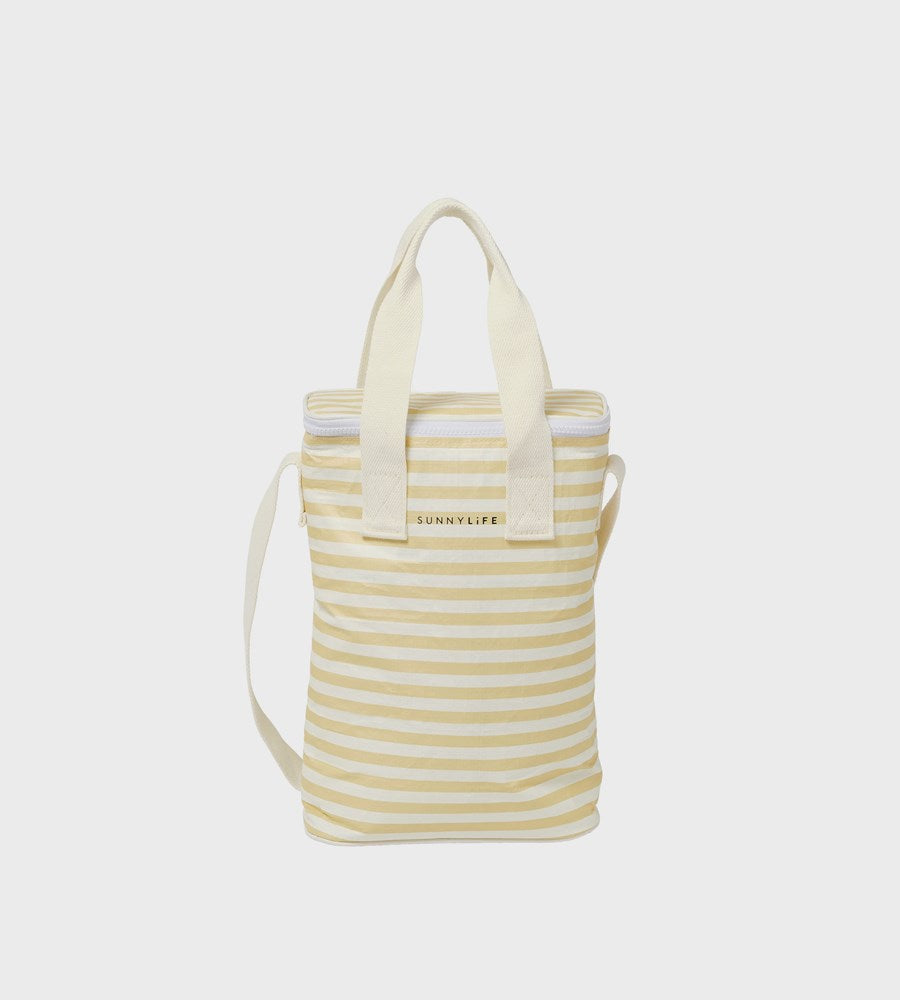 Yellow and white striped tote bag with a strap on a light gray background