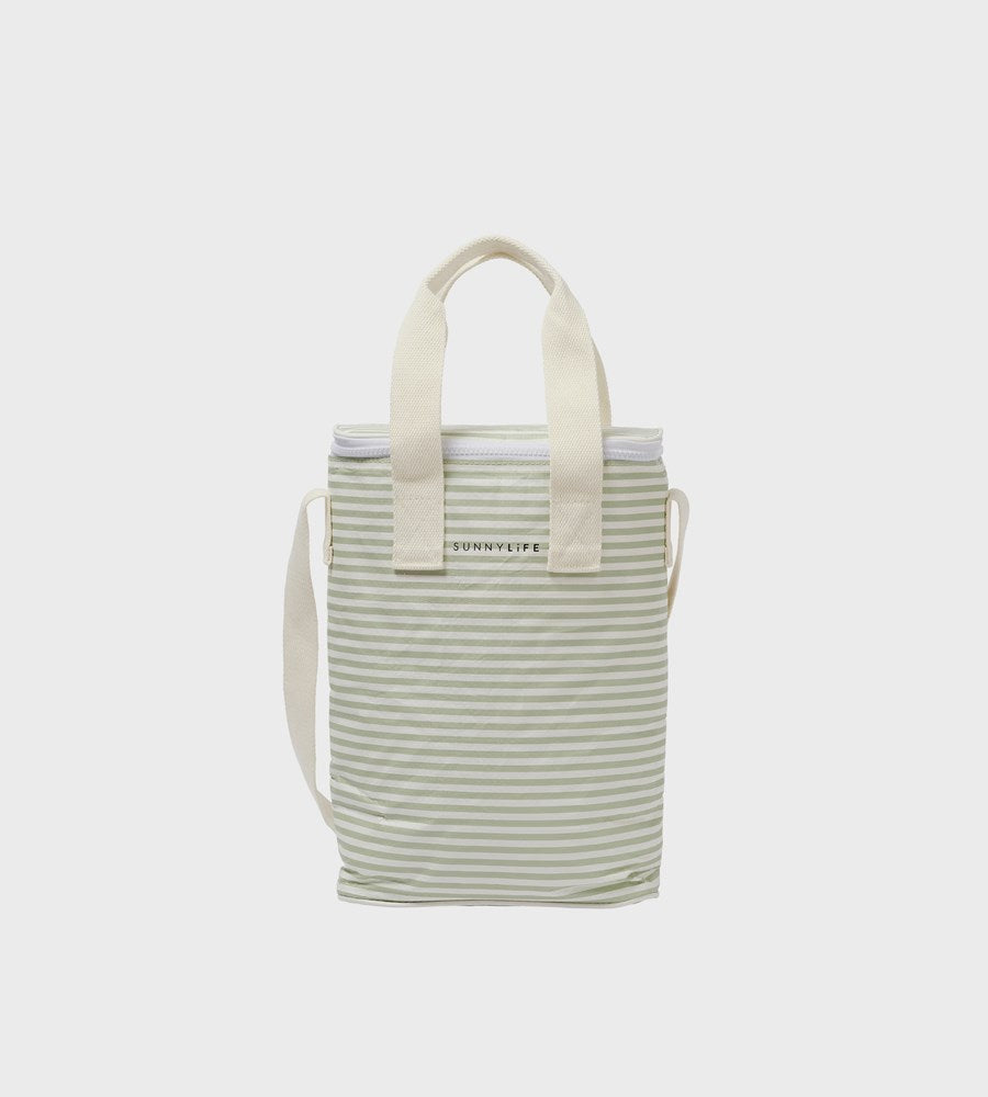 Striped tote bag with a visible brand logo on a light gray background