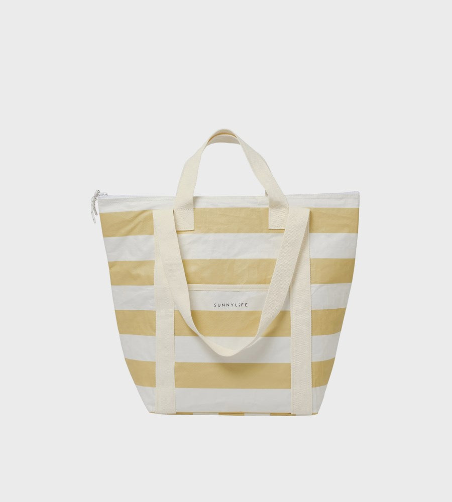 Striped tote bag with visible brand name on a white background